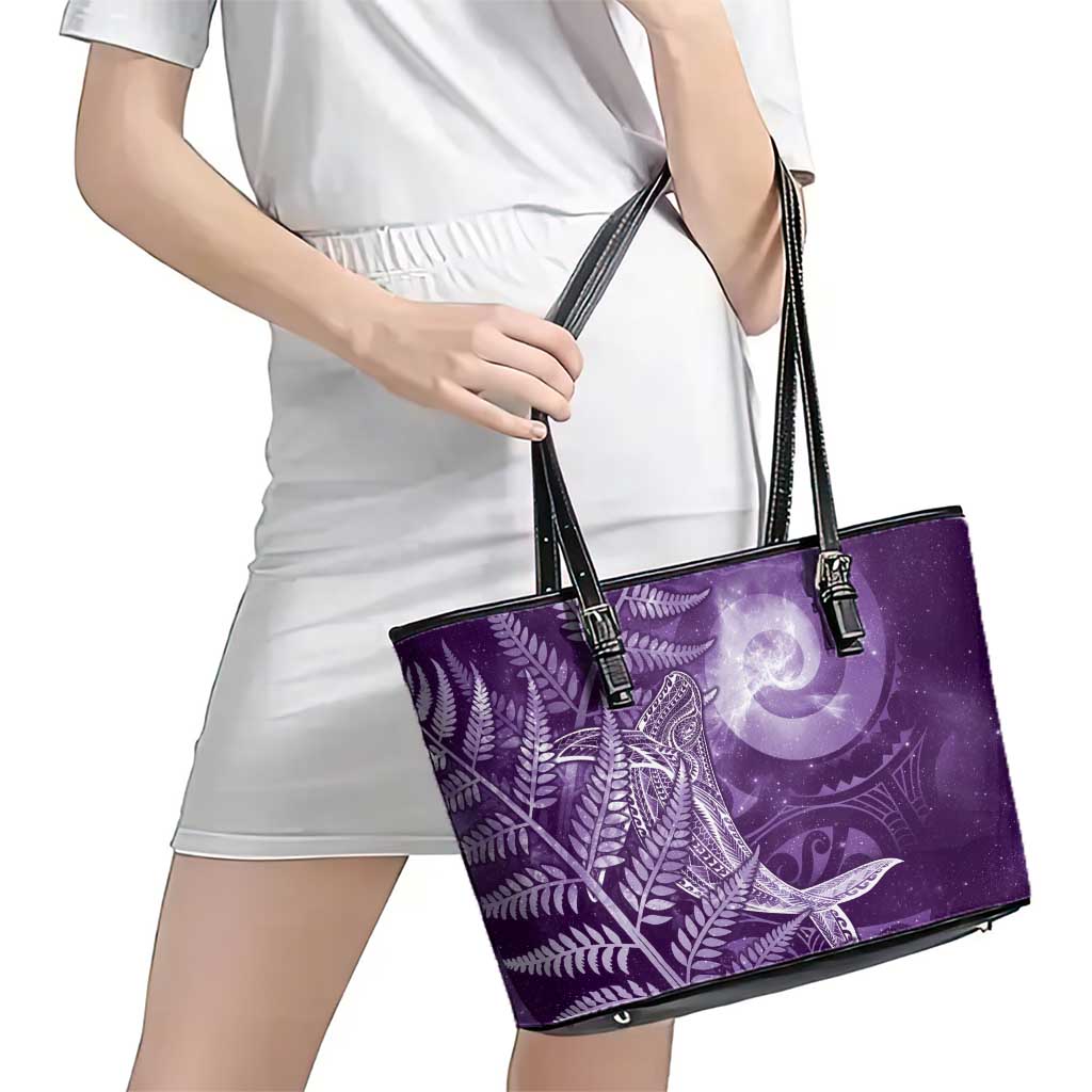 New Zealand Matariki Leather Tote Bag Maori Koru With Humpback Whale Purple