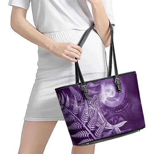 New Zealand Matariki Leather Tote Bag Maori Koru With Humpback Whale Purple