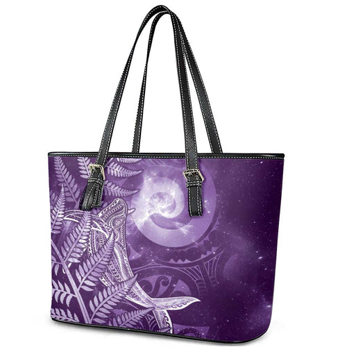 New Zealand Matariki Leather Tote Bag Maori Koru With Humpback Whale Purple