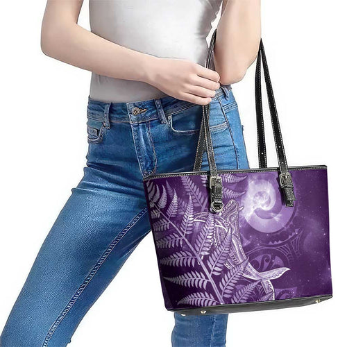 New Zealand Matariki Leather Tote Bag Maori Koru With Humpback Whale Purple