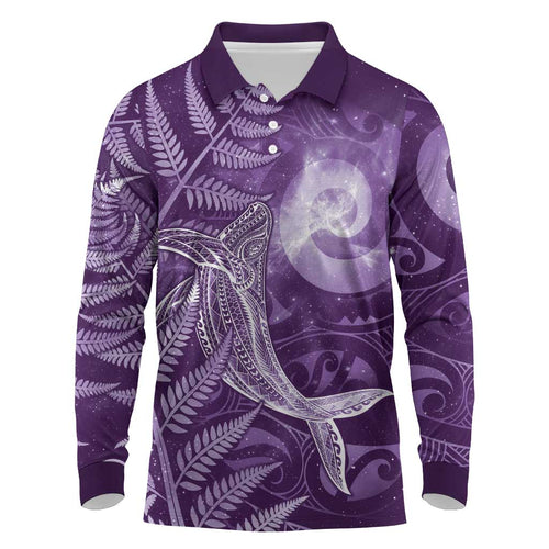New Zealand Matariki Long Sleeve Polo Shirt Maori Koru With Humpback Whale Purple