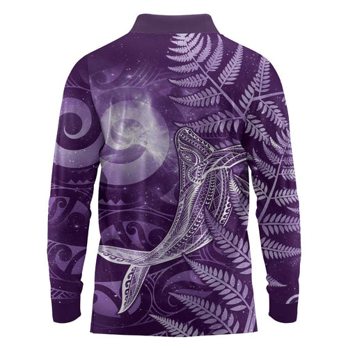 New Zealand Matariki Long Sleeve Polo Shirt Maori Koru With Humpback Whale Purple
