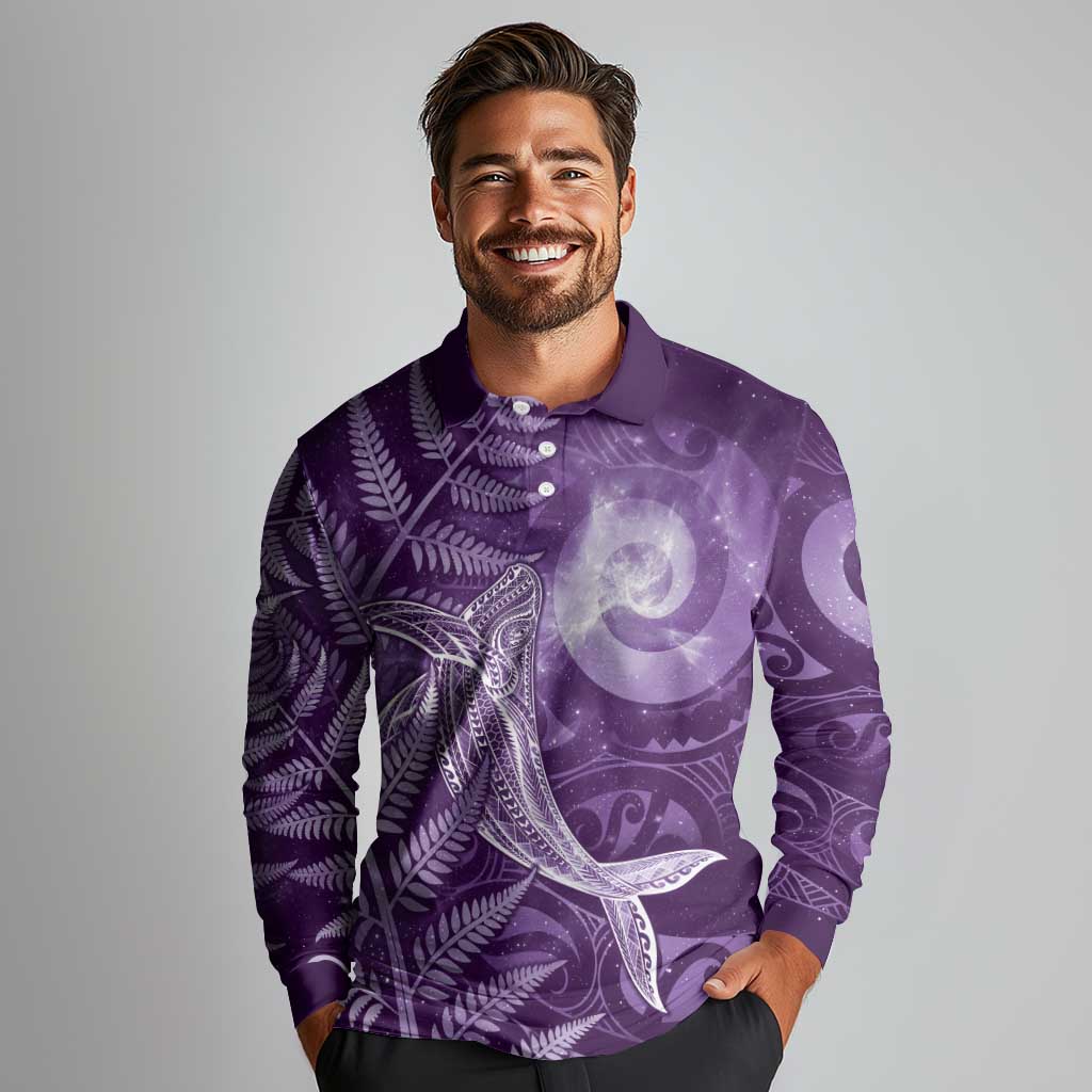 New Zealand Matariki Long Sleeve Polo Shirt Maori Koru With Humpback Whale Purple