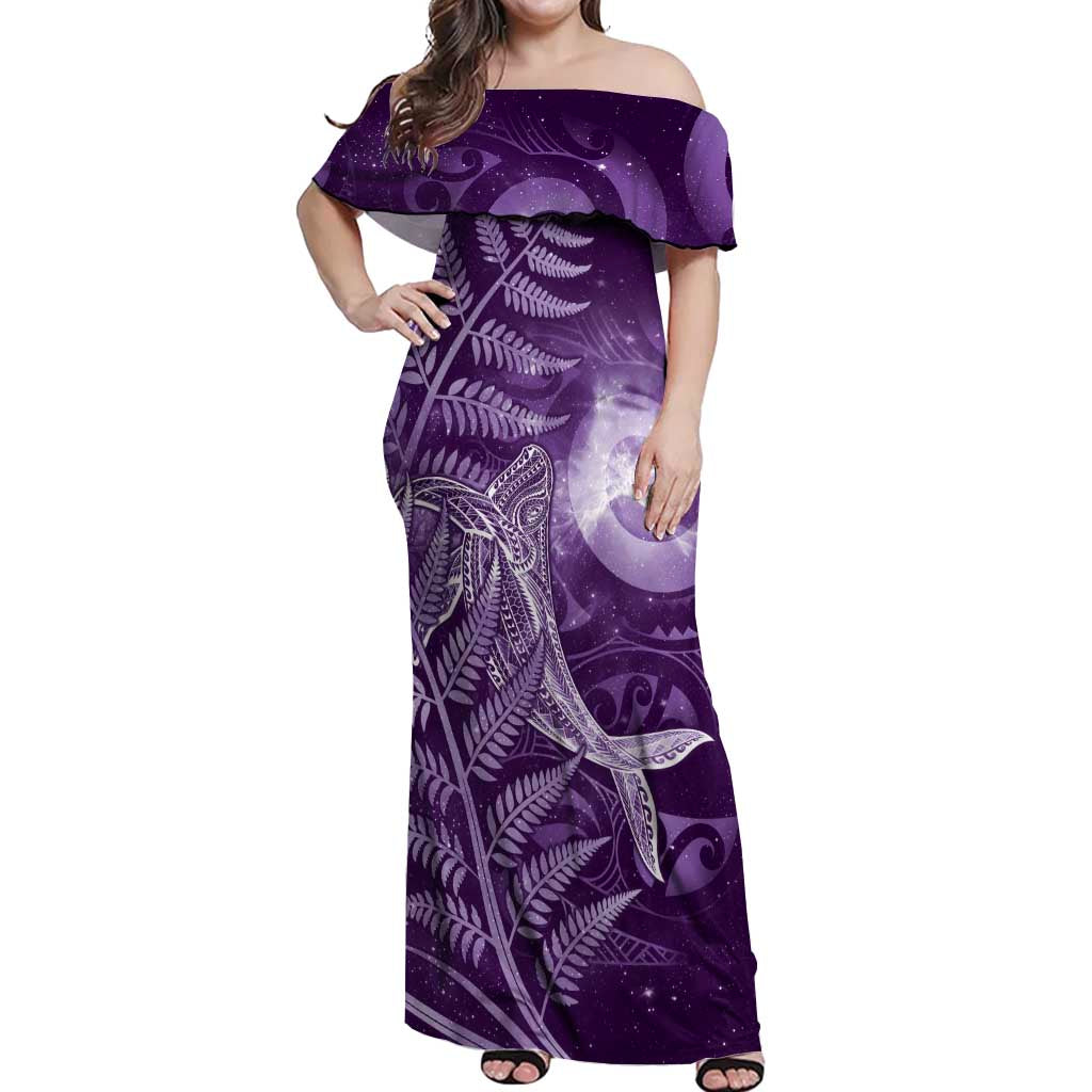 New Zealand Matariki Off Shoulder Maxi Dress Maori Koru With Humpback Whale Purple