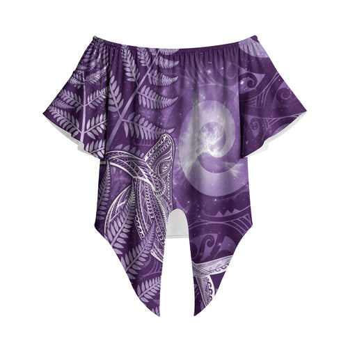 New Zealand Matariki Off Shoulder Wrap Waist Top Maori Koru With Humpback Whale Purple
