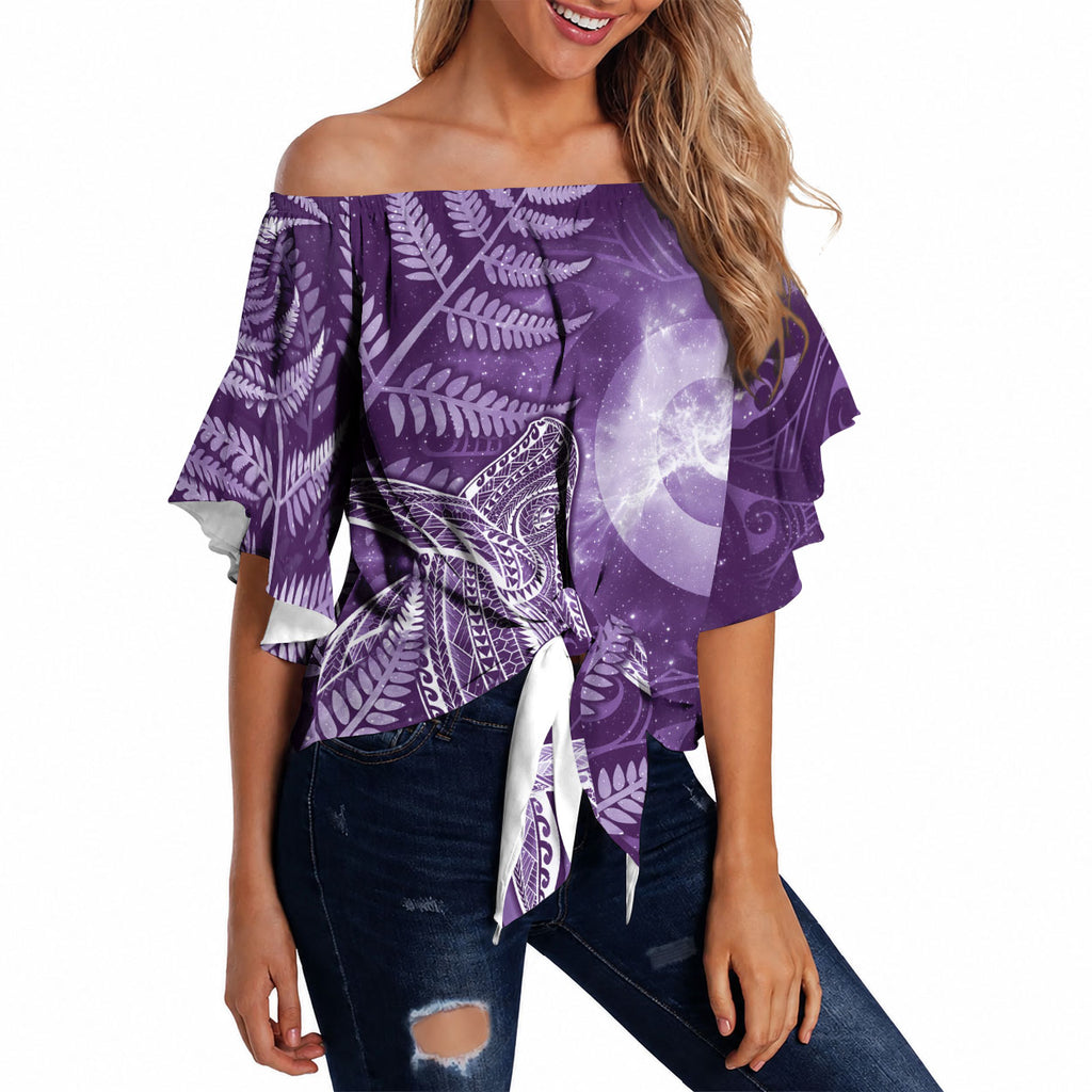 New Zealand Matariki Off Shoulder Wrap Waist Top Maori Koru With Humpback Whale Purple