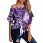 New Zealand Matariki Off Shoulder Wrap Waist Top Maori Koru With Humpback Whale Purple