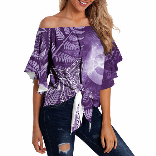 New Zealand Matariki Off Shoulder Wrap Waist Top Maori Koru With Humpback Whale Purple