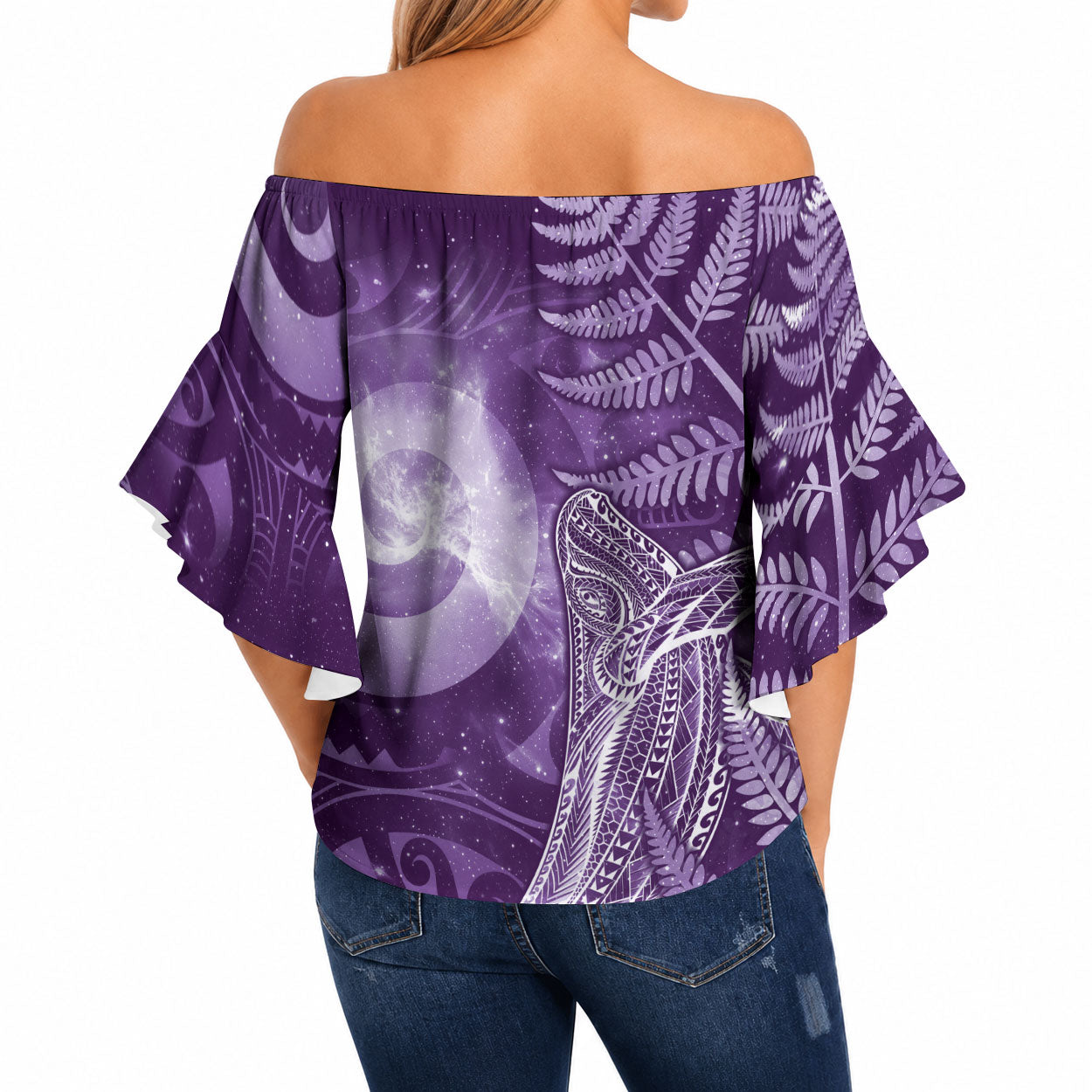 New Zealand Matariki Off Shoulder Wrap Waist Top Maori Koru With Humpback Whale Purple
