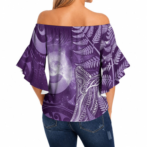 New Zealand Matariki Off Shoulder Wrap Waist Top Maori Koru With Humpback Whale Purple