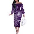 New Zealand Matariki Off The Shoulder Long Sleeve Dress Maori Koru With Humpback Whale Purple