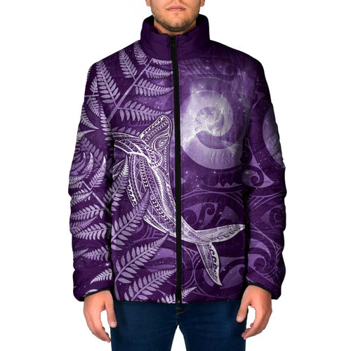 New Zealand Matariki Padded Jacket Maori Koru With Humpback Whale Purple
