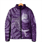 New Zealand Matariki Padded Jacket Maori Koru With Humpback Whale Purple