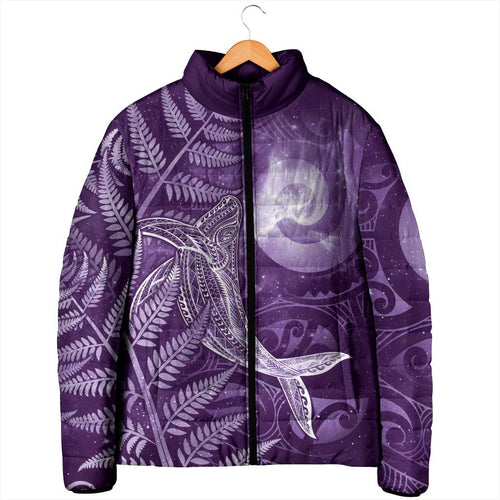 New Zealand Matariki Padded Jacket Maori Koru With Humpback Whale Purple