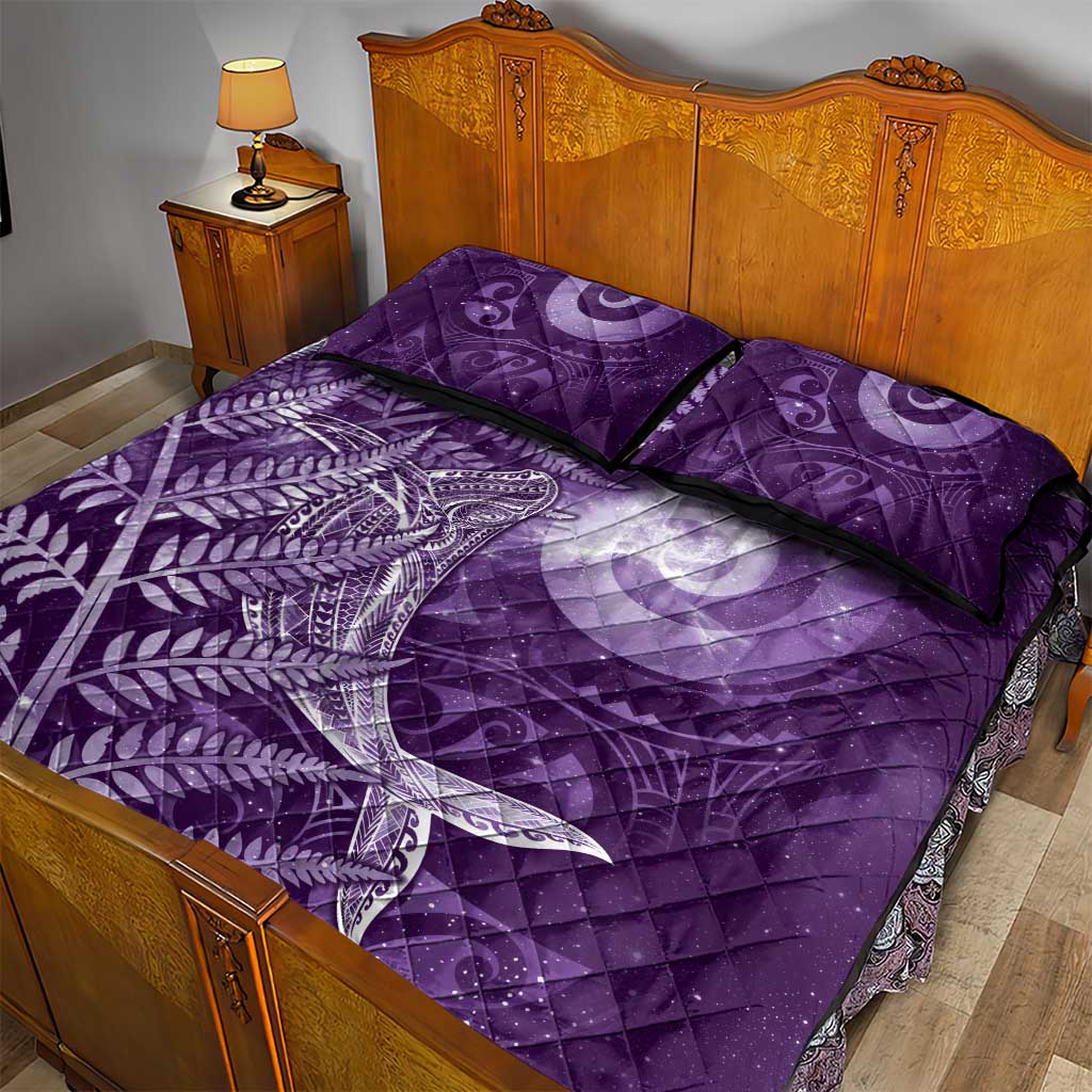 New Zealand Matariki Quilt Bed Set Maori Koru With Humpback Whale Purple