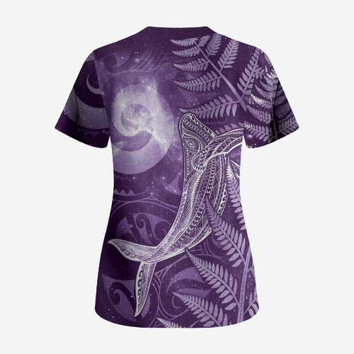 New Zealand Matariki Scrub Top Maori Koru With Humpback Whale Purple