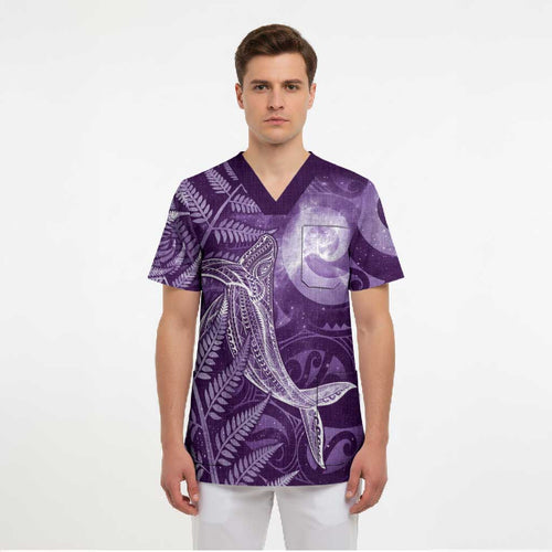 New Zealand Matariki Scrub Top Maori Koru With Humpback Whale Purple