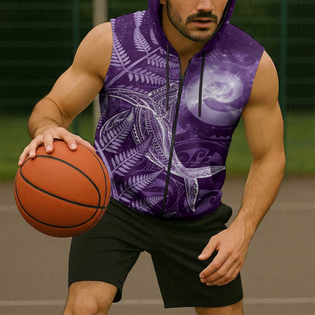 New Zealand Matariki Sleeveless Zip Hoodie Maori Koru With Humpback Whale Purple