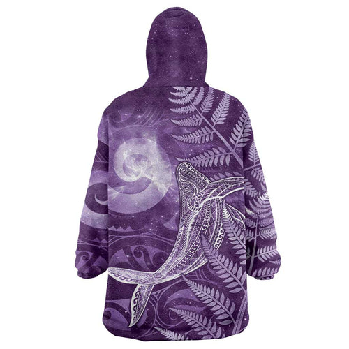 New Zealand Matariki Wearable Blanket Hoodie Maori Koru With Humpback Whale Purple