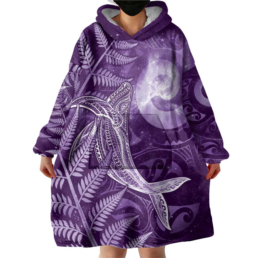 New Zealand Matariki Wearable Blanket Hoodie Maori Koru With Humpback Whale Purple