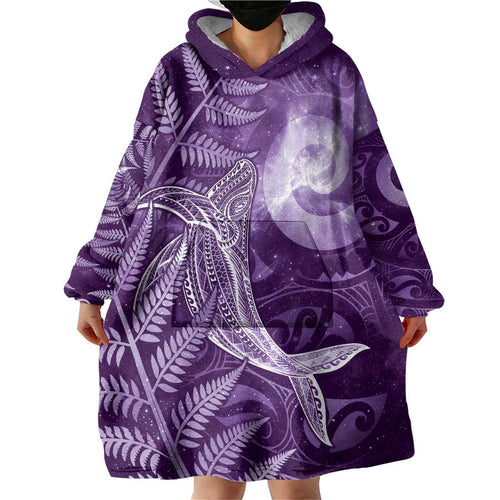 New Zealand Matariki Wearable Blanket Hoodie Maori Koru With Humpback Whale Purple