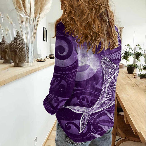 New Zealand Matariki Women Casual Shirt Maori Koru With Humpback Whale Purple