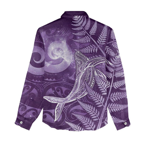New Zealand Matariki Women Casual Shirt Maori Koru With Humpback Whale Purple