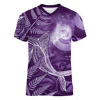 New Zealand Matariki Women V-Neck T-Shirt Maori Koru With Humpback Whale Purple