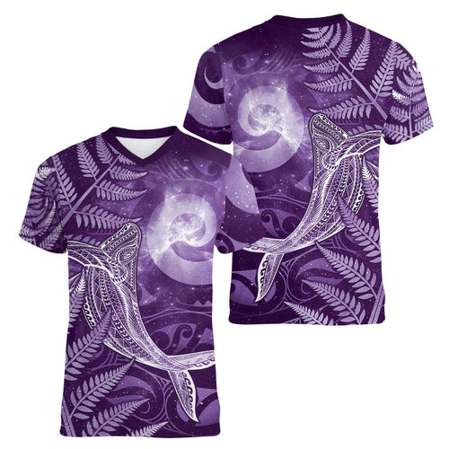 New Zealand Matariki Women V-Neck T-Shirt Maori Koru With Humpback Whale Purple