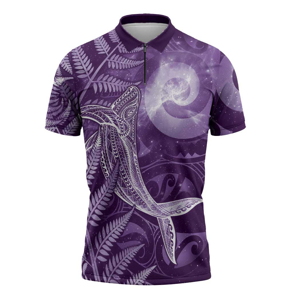 New Zealand Matariki Zipper Polo Shirt Maori Koru With Humpback Whale Purple