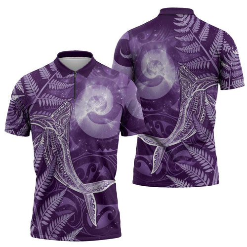 New Zealand Matariki Zipper Polo Shirt Maori Koru With Humpback Whale Purple