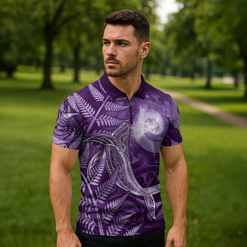 New Zealand Matariki Zipper Polo Shirt Maori Koru With Humpback Whale Purple