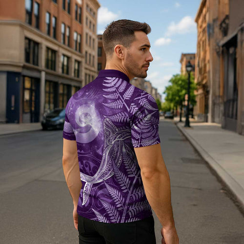 New Zealand Matariki Zipper Polo Shirt Maori Koru With Humpback Whale Purple