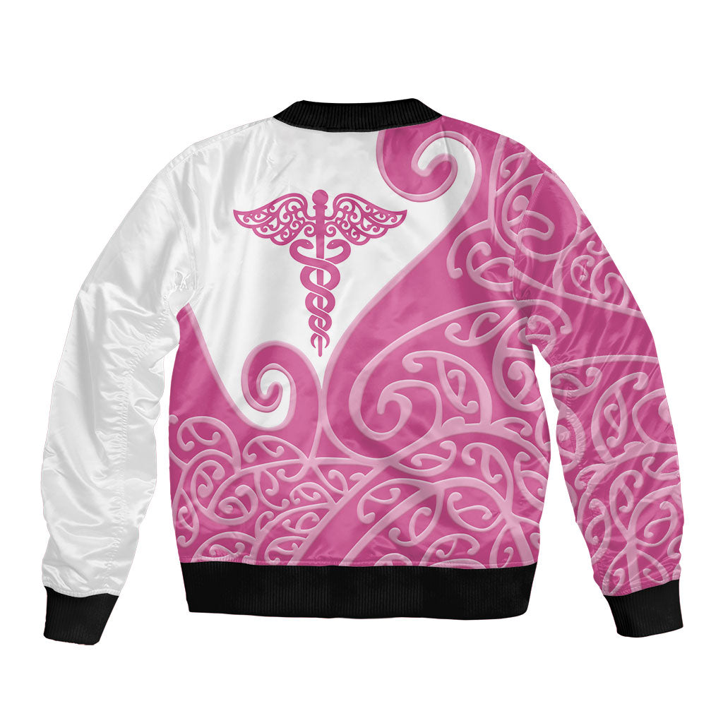 Personalised New Zealand Nurse Bomber Jacket Maori Koru Pink Version