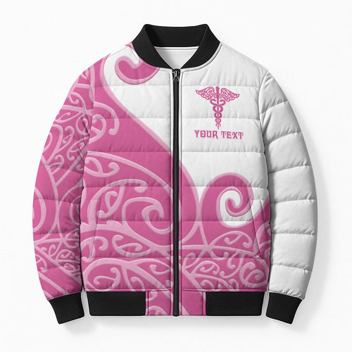 Personalised New Zealand Nurse Bomber Puffer Jacket Maori Koru Pink Version