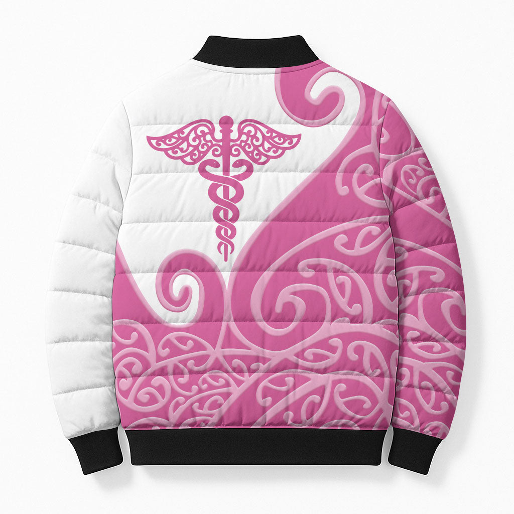 Personalised New Zealand Nurse Bomber Puffer Jacket Maori Koru Pink Version
