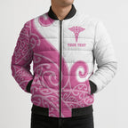 Personalised New Zealand Nurse Bomber Puffer Jacket Maori Koru Pink Version