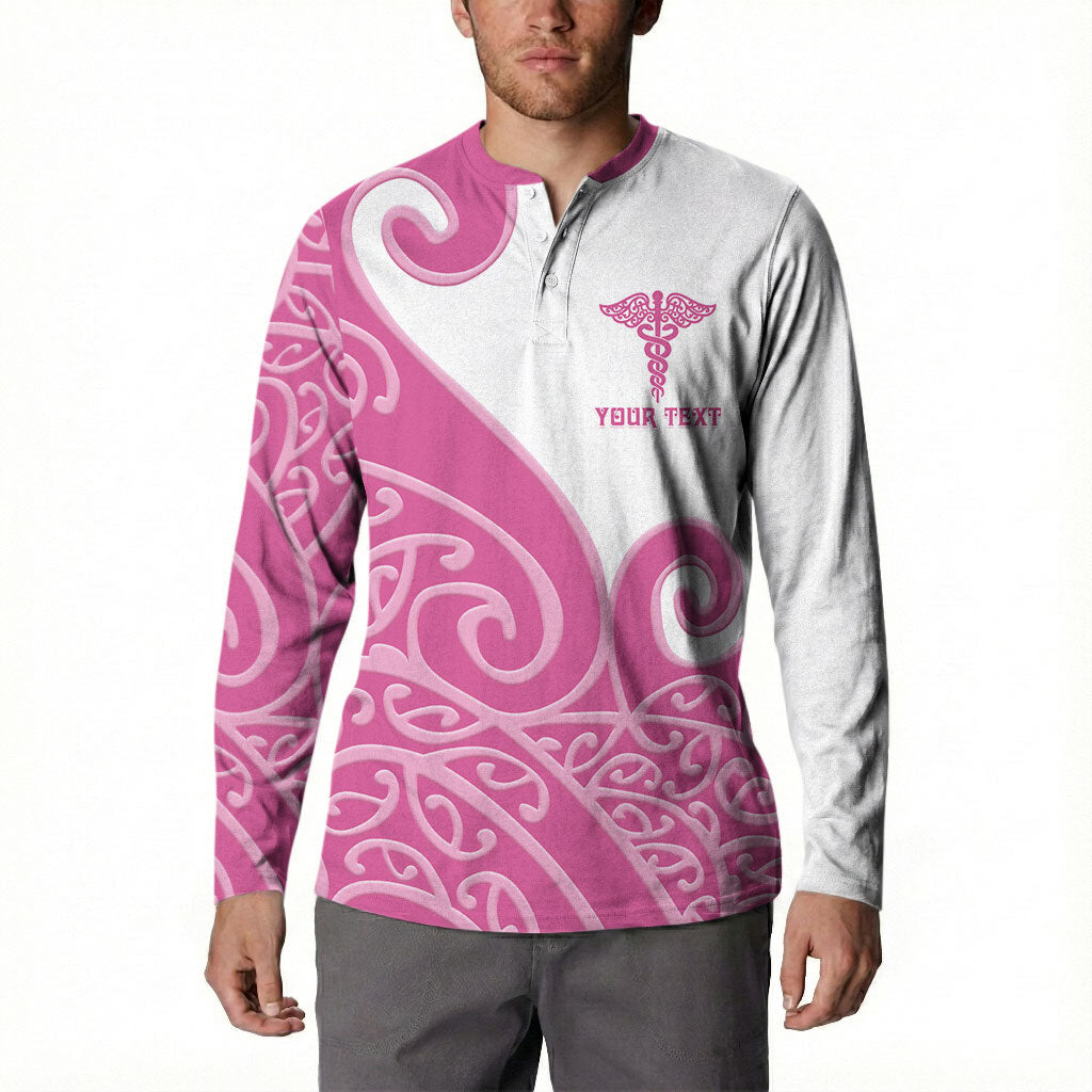 Personalised New Zealand Nurse Button Sweatshirt Maori Koru Pink Version