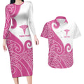 Personalised New Zealand Nurse Couples Matching Long Sleeve Bodycon Dress and Hawaiian Shirt Maori Koru Pink Version