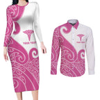 Personalised New Zealand Nurse Couples Matching Long Sleeve Bodycon Dress and Long Sleeve Button Shirt Maori Koru Pink Version