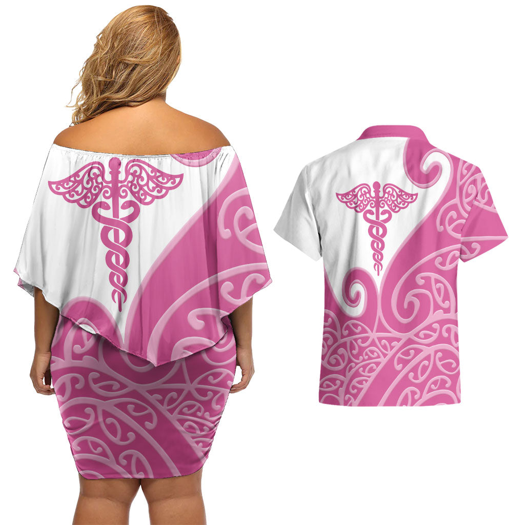 Personalised New Zealand Nurse Couples Matching Off Shoulder Short Dress and Hawaiian Shirt Maori Koru Pink Version