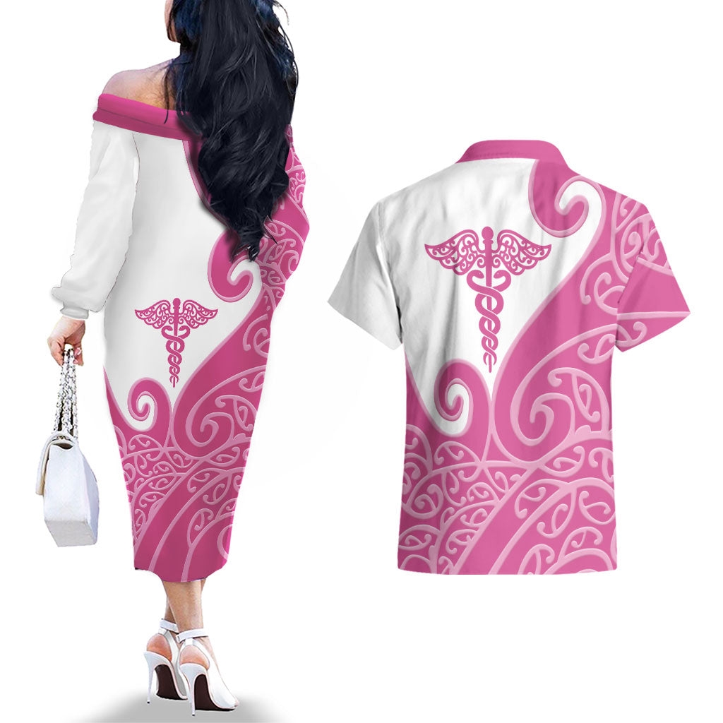 Personalised New Zealand Nurse Couples Matching Off The Shoulder Long Sleeve Dress and Hawaiian Shirt Maori Koru Pink Version