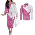 Personalised New Zealand Nurse Couples Matching Off The Shoulder Long Sleeve Dress and Long Sleeve Button Shirt Maori Koru Pink Version