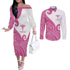 Personalised New Zealand Nurse Couples Matching Off The Shoulder Long Sleeve Dress and Long Sleeve Button Shirt Maori Koru Pink Version