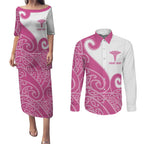 Personalised New Zealand Nurse Couples Matching Puletasi and Long Sleeve Button Shirt Maori Koru Pink Version