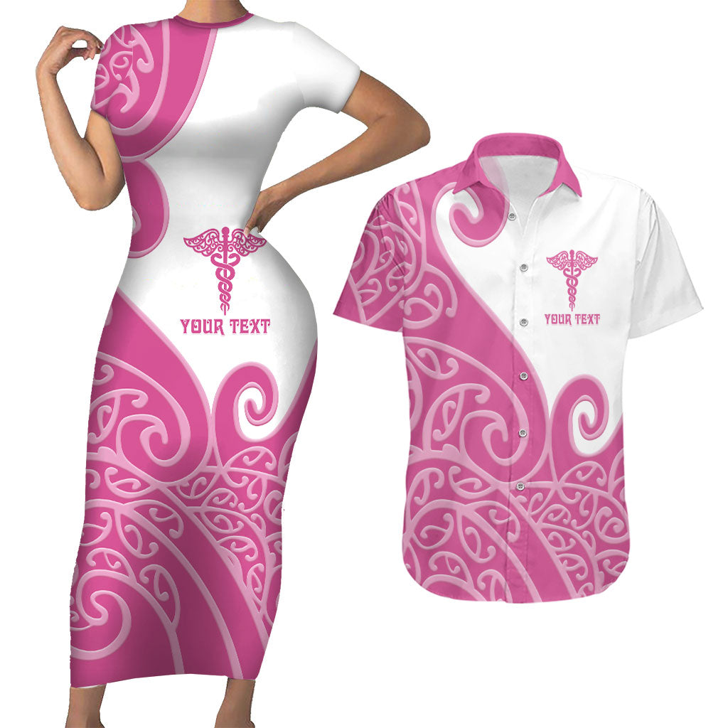 Personalised New Zealand Nurse Couples Matching Short Sleeve Bodycon Dress and Hawaiian Shirt Maori Koru Pink Version