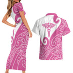 Personalised New Zealand Nurse Couples Matching Short Sleeve Bodycon Dress and Hawaiian Shirt Maori Koru Pink Version