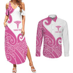 Personalised New Zealand Nurse Couples Matching Summer Maxi Dress and Long Sleeve Button Shirt Maori Koru Pink Version
