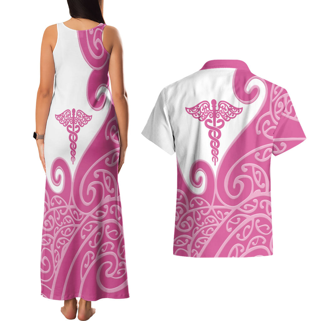 Personalised New Zealand Nurse Couples Matching Tank Maxi Dress and Hawaiian Shirt Maori Koru Pink Version