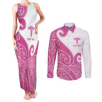 Personalised New Zealand Nurse Couples Matching Tank Maxi Dress and Long Sleeve Button Shirt Maori Koru Pink Version